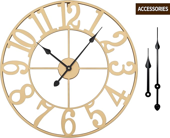 LEIKE 31 Inch Extra Large Wall Clock - Retro Decorative Oversized Farmhouse Arabic Numerals Silent Little Ticking Battery Operated Gold Metal Wall Clocks for Living Room,Office,Entrance Decor