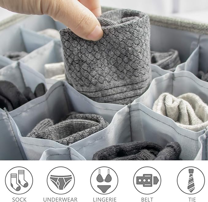 PINGMIC Gray Sock Organizer Divider 2 Pack with Lid - 30 Cell Foldable Closet Storage, Tie Organizer For Men Boxes for Socks, Ties, Belts 0