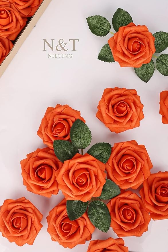 N&T NIETING Artificial Flowers, Fake Flowers Burnt Orange Roses Perfect for DIY Wedding Bridal Bouquets Centerpieces Bridal Shower Party Home Flower Arrangement Decorations, 25Pcs