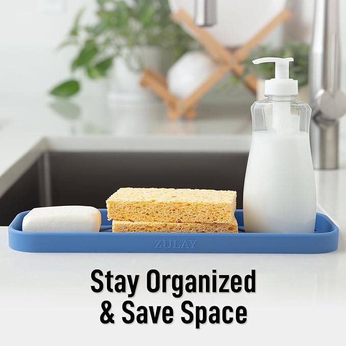 Zulay Large Silicone Sponge Holder (12x4) – Flexible Sink Organizer Tray for Kitchen & Bathroom – Multipurpose Soap Dish for Sponges, Makeup, Trinkets & More (Provence Blue)