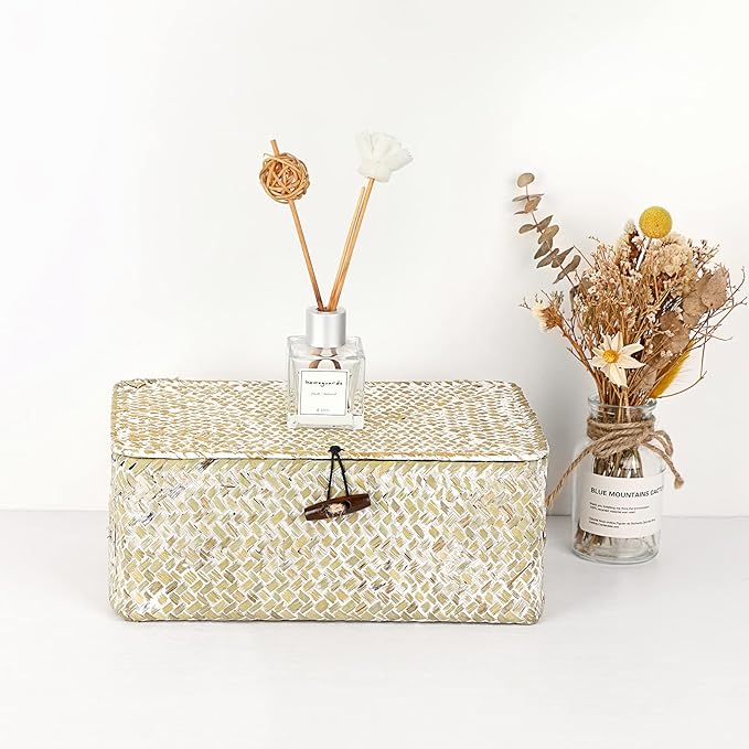 Hipiwe Wicker Shelf Baskets Bin with Lid Natural Seagrass Basket Storage Boxes Small Woven Basket Multipurpose Home Organizer Bins Box for Shelf Closet Bedroom Living Room Home Decor, Whitewash