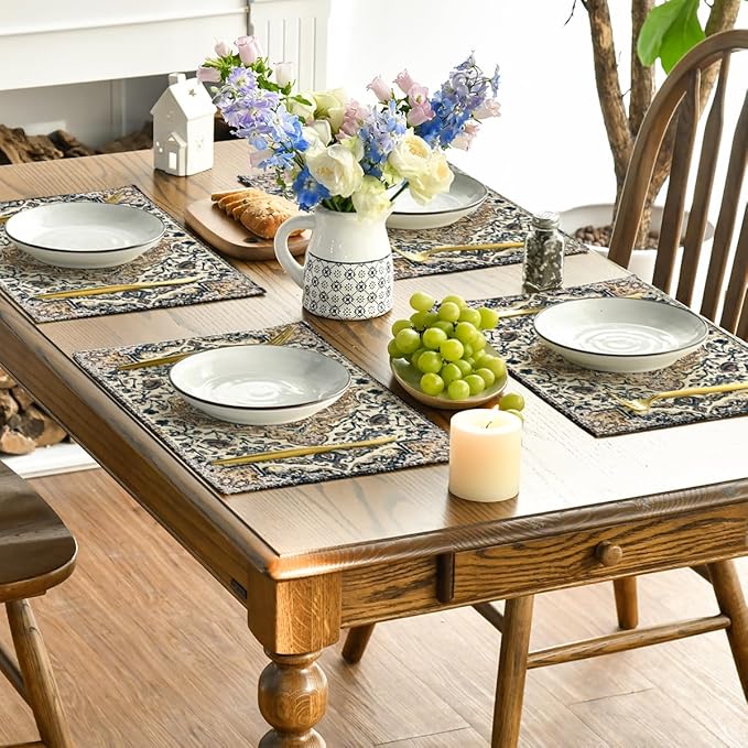 Artoid Mode Boho Placemats Set of 4, Daily Blue Teal Flowes Bohemia Table Mats for Home Party Dining Decoration 12x18 Inch