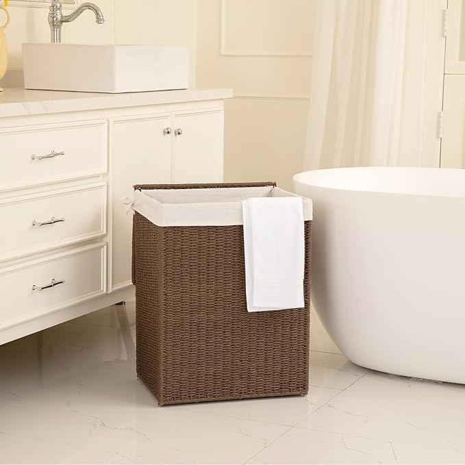 OIAHOMY Laundry Hamper with Lid, 23.8 Gal (90L) Wicker Hamper with Removable Liner Bags, Handwoven Clothes Basket with Handles, Foldable Woven Paper Rope Basket for Laundry Room, Bedroom-Brown
