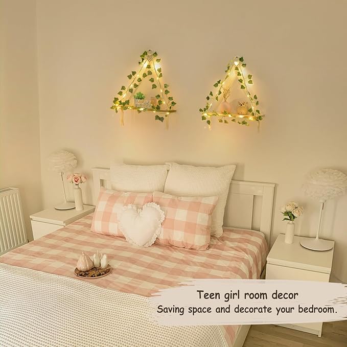 Mkono Artificial Ivy Macrame Hanging Shelves with Lights Set of 2 Boho Wall Decor Display Plants Photos Wood Floating Storage Shelf for Bedroom Bathroom Living Room Nursery Dorm Kitchen, White