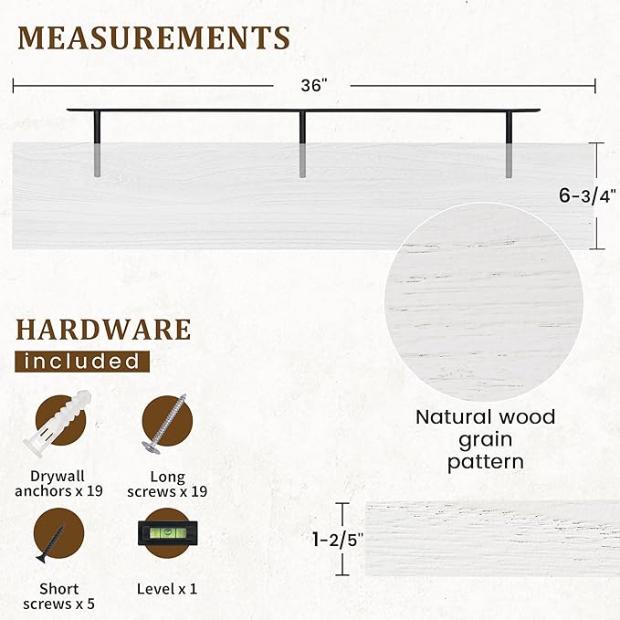 Marsmiles Wood Floating Shelves for Wall Storage, 36 inch Wide Set of 2, Invisible Wall Mounted Rustic Wooden Display Shelves for Living Room Bathroom Bedroom Kitchen Office,White