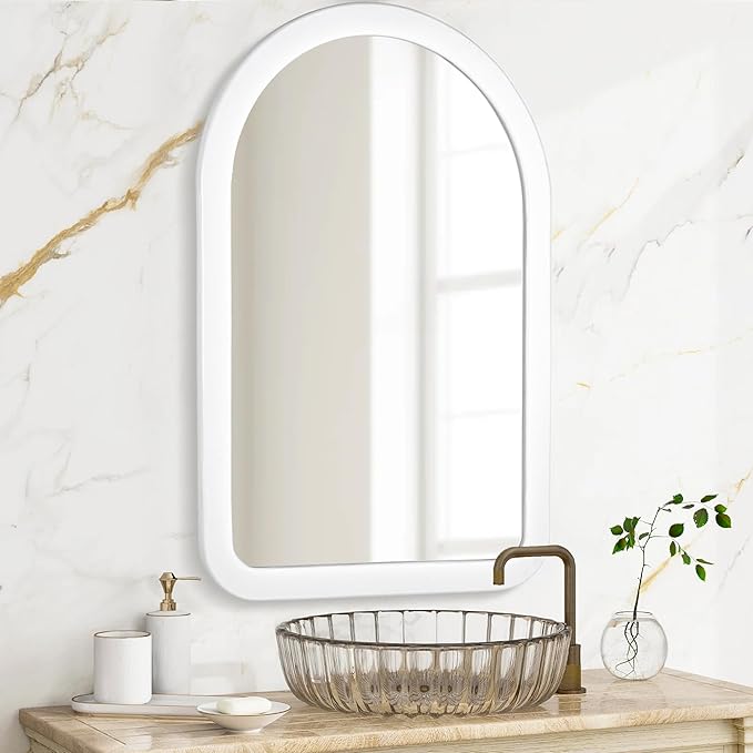 Arched Mirror 24 x 36 Inch,White Wood Rustic Bathroom Tempered Wall Mirror with Wood Frame,Round Corner Arch Farmhouse Wooden Vanity Mirror for Living Room,Entryway or Bedroom