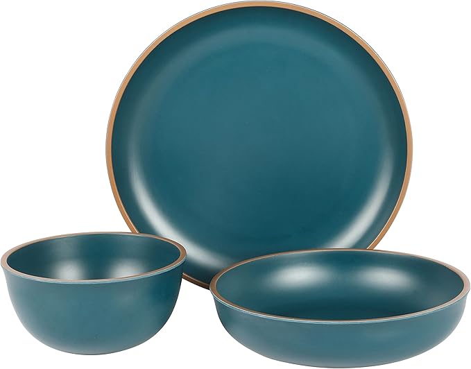 Gibson Home Rockabye 12 Piece Double Bowl Melamine Plastic Dinnerware Set - Matte Teal