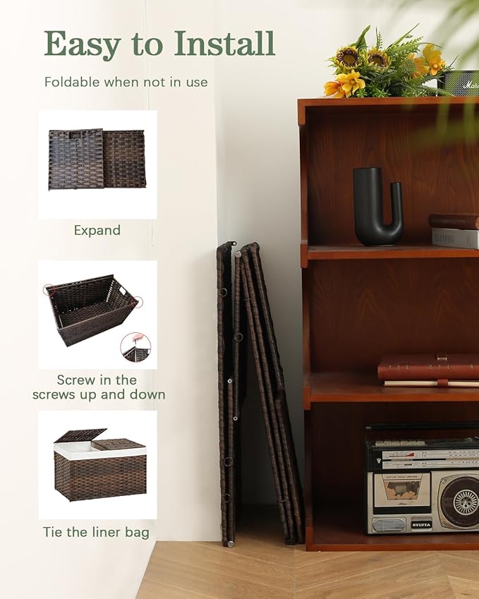 Storage Basket with Lid Rattan Storage Basket with 2 Separate Lid, 27.8 Gallon (105 L) 25.2 * 15.4 * 16.1 Inches Woven Wicker Baskets with 2 Liners and Handles for Bedroom Laundry-Brown