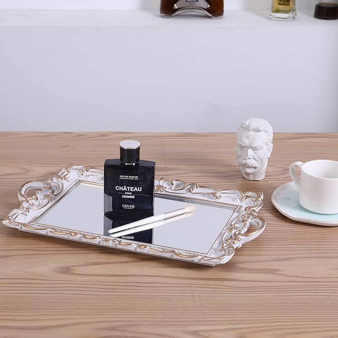 Sooyee Decorative Tray,Bathroom Tray Decor, 15.5x9.6 Mirror Serving Tray with Handle for Dessert Table,Coffee Table,Vanity,Home Decor,White and Gold