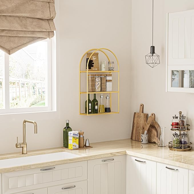 Crofy Gold Arched Frame Wall Shelf, Decorative 3 Tier Bathroom Wall Shelf with Transparent Tempered Glass Shelves and Robust Storage Capacity, 6" D x 17.9" W x 28.57" H