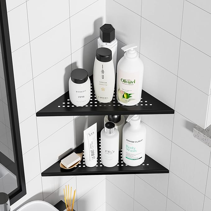 Corner Shower Shelves, 10” Recessed Tile Shower Shelf Matte Black, 304 Stainless Steel Grout in Corner Tile Bathroom Shelves, No Drilling, 2 Pack