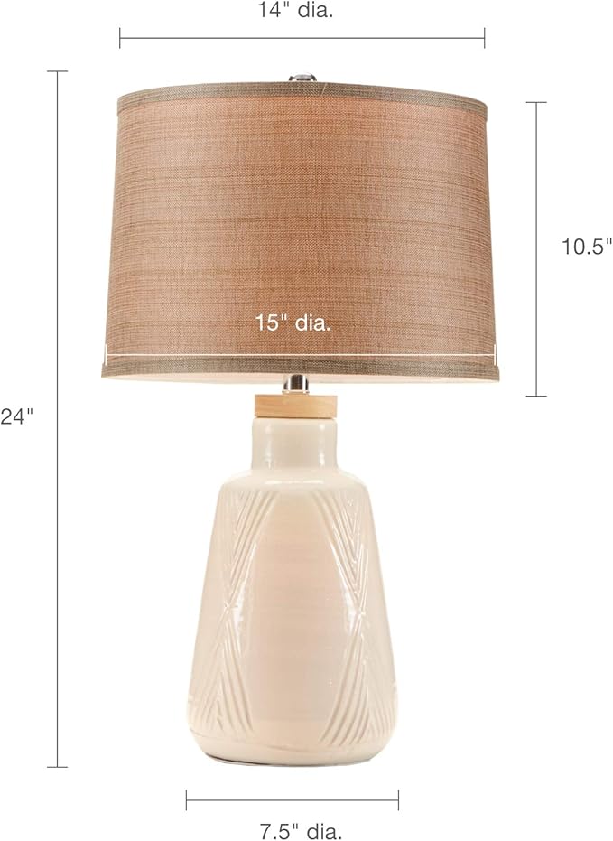 Hampton Hill Tate Ivory White Unique Modern Table Lamp, Contemporary Round Ceramic Wood Desk Light, 15" Dia x 24.5" H, Ivory