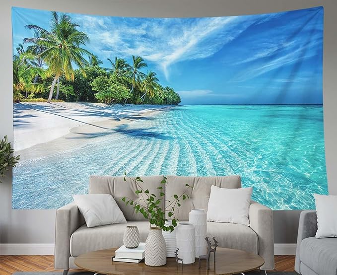 EMMTEEY Beach Tapestry Wall Decor Big 80X60 Inch-Summer Calm Sea Waves with Palm Trees Durable Hanging Tapestry for Living Room