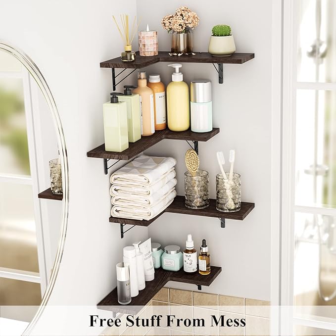 Love-KANKEI Corner Shelf Wall Mounted,Floating Wall Shelves for Storage,Rustic Wood Hanging Shelves for Display,Bedroom Bathroom Living Room Kitchen,Set of 4, Dark Brown