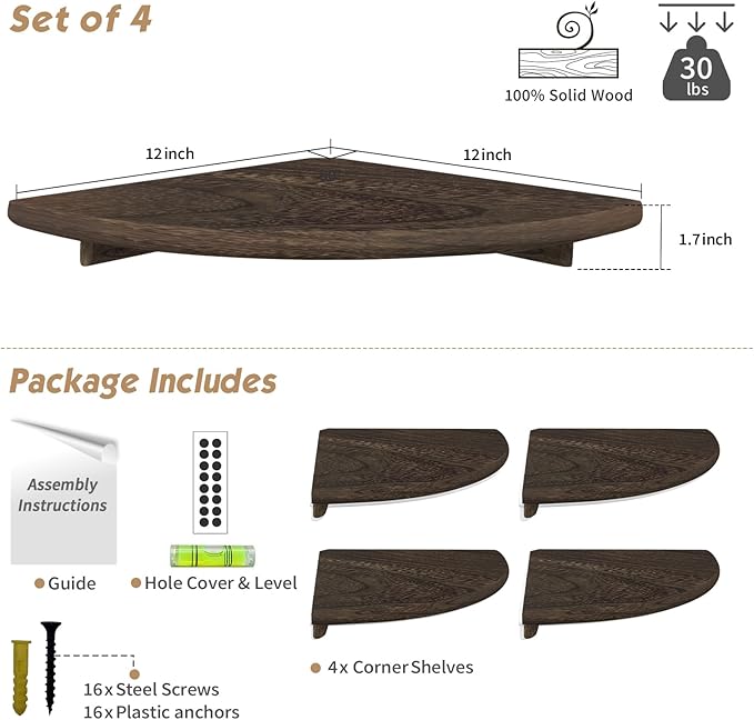 Forbena Large Corner Floating Shelves Set of 4, 12 Inch Deep Wall Mounted Corner Shelves for Bedroom, Livining Room (Rustic Brown)