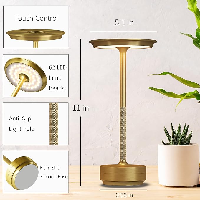 LED Rechargeable Cordless Table Lamp, Battery Operated Stepless Dimming Modern Portable Outdoor Table Light for Dining Restaurant Patio.(Brushed Gold)