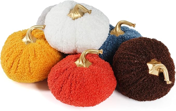 Ogrmar 6 Pack Fabric Artificial Pumpkins Set Teddy Velvet Decoration Pumpkins Lifelike Harvest Pumpkins for Halloween Fall Harvest Festival, Thanksgiving Decoration