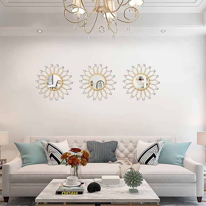 3 Pack Metal Mirrors for Wall Sunburst Wall Mirrors Home Décor Decorative Hanging Wall Art for Living Room Bedroom Entryway (Gold Crystal, Flowers)