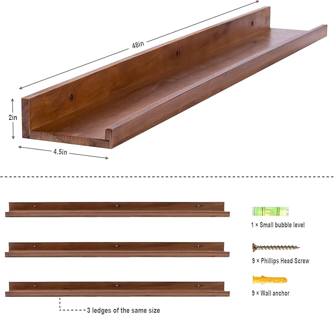 MBYD 48 Inch Wood Photo Picture Ledge Shelf, Light Walnut Wall Floating Nursery Book Shelves, Wall Mount Hanging Display Shelves for Bedroom Office Bathroom Living Room Décor, 3 Same Sizes