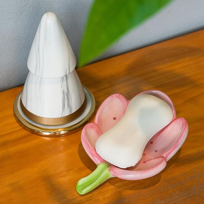Ceramic Soap Dish Holder for Bathroom, Flower Bar Holder for Shower, Easy Cleaning Saver Tray Decoration for Bathroom, Sinks, Kitchen (Pink)