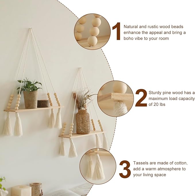 Artilady 2 Pack Wooden Wall Hanging Shelves - Macrame Hanging Plant Shelf with Tassel,Boho Storage Floating Shelves Handmade Rustic Hanger Planter Rack Pot Stand Holder