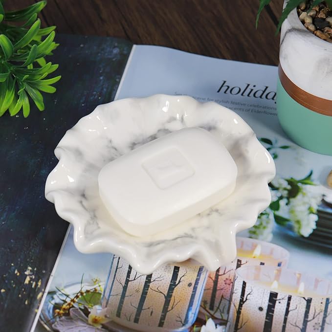 Lotus Leaf White Marble Pattern Soap Dish Ceramic Soap Holder Self Draining Soap Dish Waterfall Slot Sponge Holder Bathroom Accessories for Bathroom, Kitchen,Bar Counter