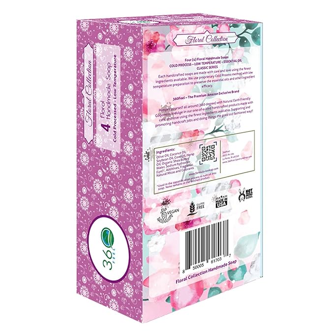 360Feel Floral Handmade Soap Gift Set - Nourishing and Hydrating Bar Soaps - Infused with Four Elegant Scents - Lavender, Lilac, Hydrangea, and Petal Dance Scents - Suitable Gift - Set of 4
