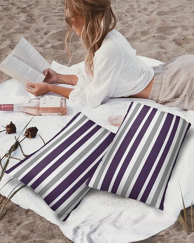 Outdoor Waterproof Lumbar Throw Pillow Covers Set of 2 Grey Purple Stripes Decorative Outdoor Pillows Cushion Case 20x12 Inch Classic Striped Patio Pillows for Couch Sofa Bed Garden Home Decor