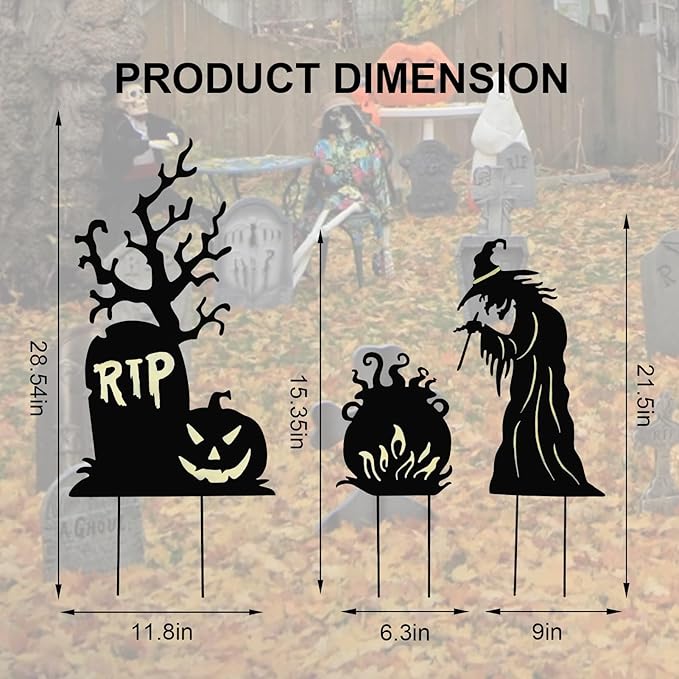 Halloween Yard Signs Outdoor Decorations,3 Pack Warerproof Scary Witch Tombstone Cauldron Fluorescent Metal Stakes Glow in The Dark for Lawn Garden Halloween Decor (Witch Tombstone Cauldron)