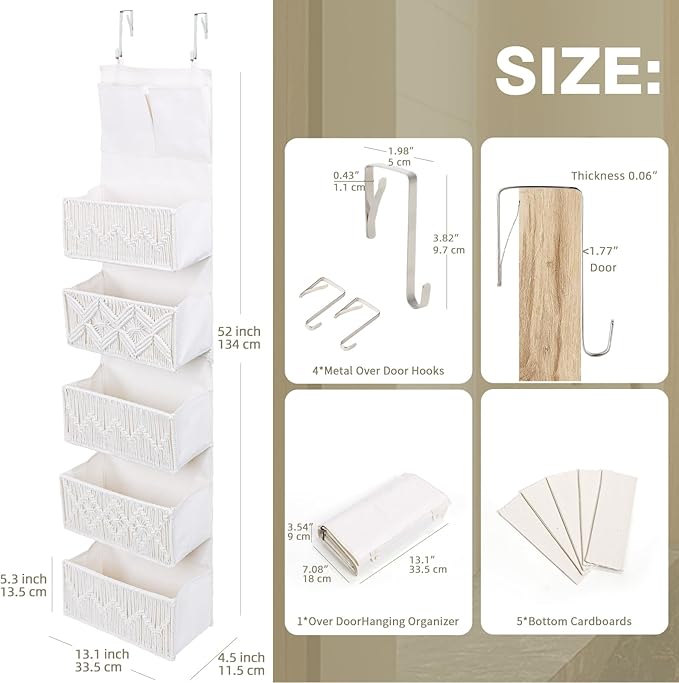 ANTIS'S HOME Over The Door Organizer Boho Decor Storage with 5 Large Woven Pockets, Detachable, Macrame Nursery Organizer and Toy Storage, Behind Door for Bathroom or Bedroom