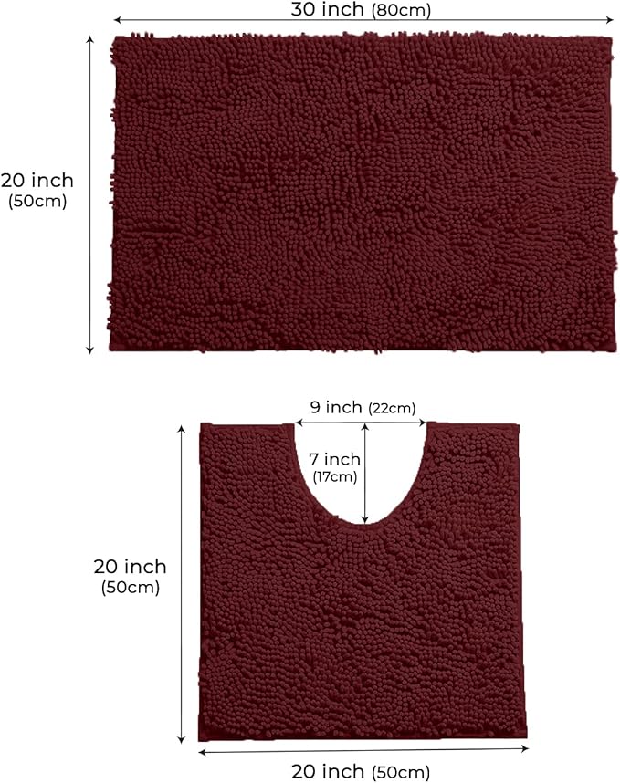 LuxUrux Bathroom Rugs Sets 2 Piece: Quick Dry, Soft Plush Anti-Slip, Super Absorbent. Includes Rectangular (31x20 inches) & U-Shaped Toilet Mat (20x20 inches) | Burgundy