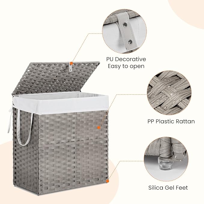 Sweetcrispy Foldable Laundry Hamper–Large Capacity Clothes Basket with Lid, 29.1 Gallon (110L) Bin for Bedroom, Bathroom, and Wash Room–Double Insert Storage Organizer, Dove Gray