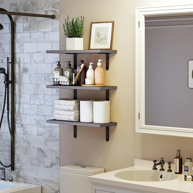 Fixwal Grey Floating Shelves for Wall, 4 Sets Wood Shelves Farmhouse Wall Shelf Wall Mounted Floating Shelves for Bedroom Decor, Bathroom Storage, Book Shelf for Wall - Grey
