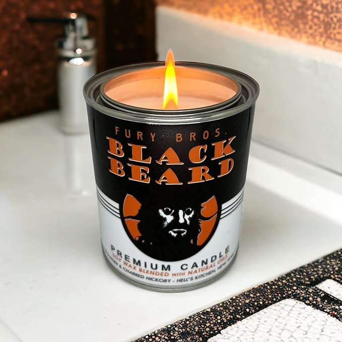 Scented Candles for Men | Black Beard | Gunpowder & Charred Hickory | Natural Soy Wax | Hand-Poured in the USA | Long 70-80 Hour Burn (12.5 oz) | Vintage-inspired Tin Design | Dad Home Gift