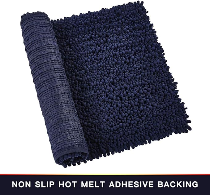 Walensee Bathroom Rug Non Slip Bath Mat (44x24 Inch Navy) Water Absorbent Super Soft Shaggy Chenille Machine Washable Dry Extra Thick Perfect Absorbant Best Large Plush Carpet for Shower Floor