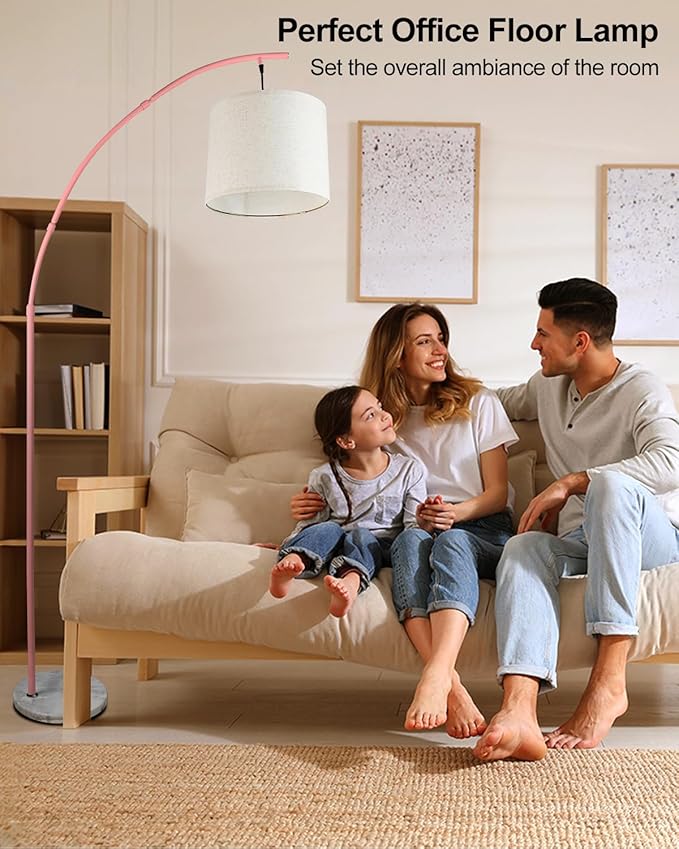 Lightdot Arc Floor Lamps for Living Room, Modern Standing Lamp with Hanging Drum Shade, Tall Standing Floor Lamp with Foot Switch, Over Couch Arched Reading Light for Bedroom, Office (Pink)