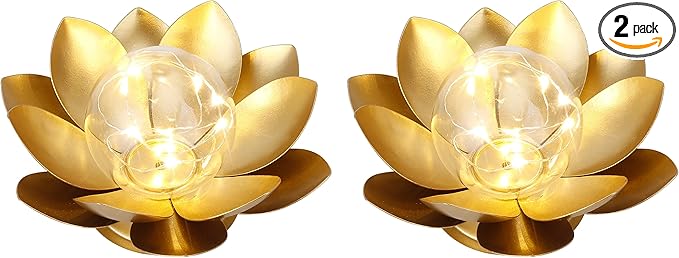 JHY DESIGN Set of 2 Gold Lotus Table Lamp Battery Powered 6''Tall Cordless Lamp Light Battery Operated Great for Living Room Bedroom Weddings Parties Patio Events Indoors Outdoors