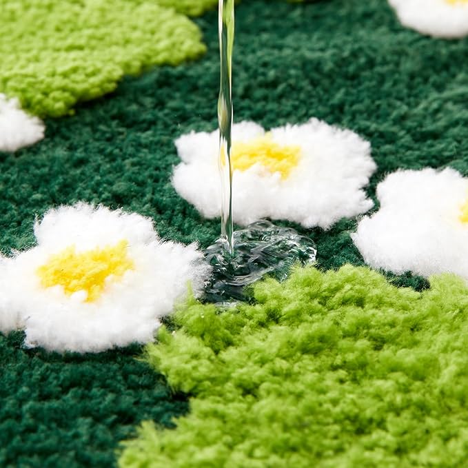 Cute Green Floral Bath Mat Microfiber Moss Bathroom Rug 20''W x 32''L Non Slip Washable, Modern Chic Boho Aesthetic Trendy Shaggy Bathroom Shower Floor Mat Absorbent