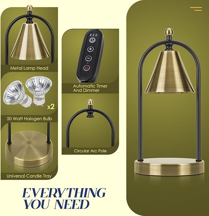 Soilsiu Candle Warmer Lamp with Timer, Electric Brass Candle Warmer Light for Bedroom, Dimmable Wax Melts Warmer for Candle Jars, Beside Lamp Gifts for Women Home Decor (2 Bulbs Included)