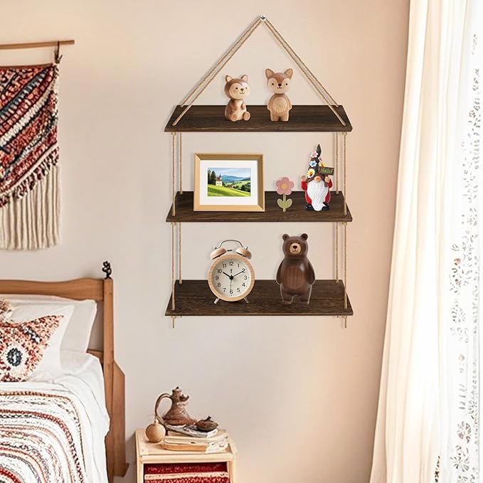Hanging Floating Shelves for Wall,3 Tier Rustic Wood Wall Shelves for Bedroom,17.7'' Length Bathroom Shelves,Rope Hanging Shelf for Display Plants,Photo Frame,Boho Decor for Living Room