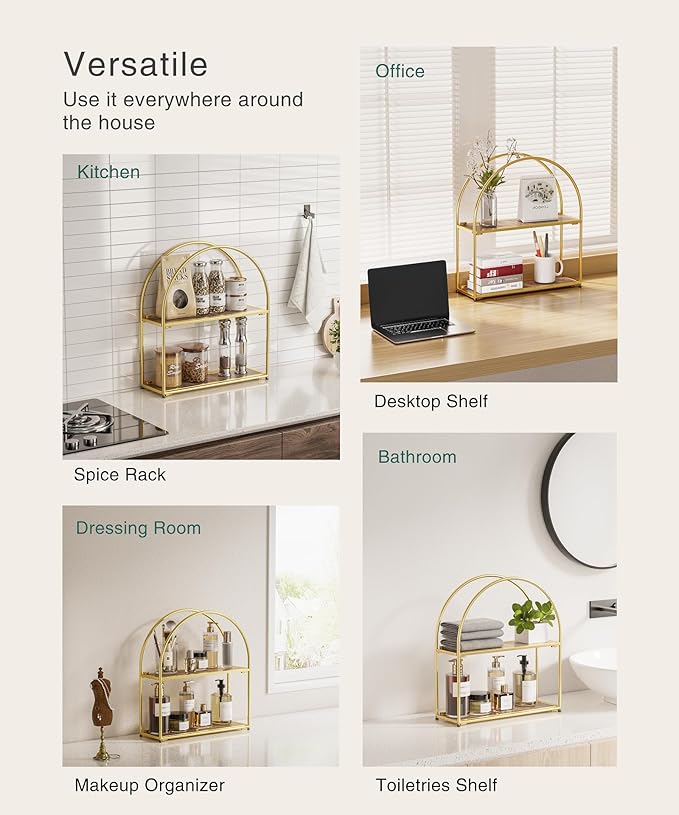 Crofy Gold Arched Frame Wall Shelf, Decorative 2 Tier Bathroom Wall Shelf with Walnut Finish Shelves and Robust Storage Capacity, 6" D x 17.9" W x 19.18" H
