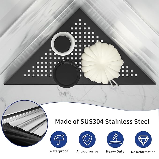 Corner Shower Shelf, 12" Matte Black 304 Stainless Steel Recessed Shelf for Bathroom, Grout in Shelf Rack for Tiled Wall, Large Size, No Drilling Needed