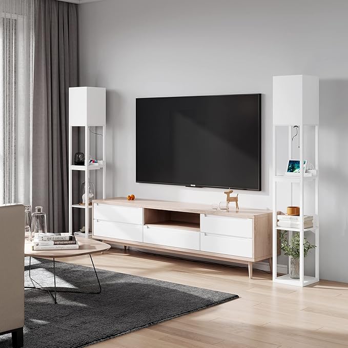 SUNMORY Dimmable Floor Lamp with Shelves,Modern Solid Wood Standing Lamp with 1 Drawer and 2 USB Ports & 2 Power Outlet,Corner Tall Bookshelf Lamp for Living Room and Bedroom(White)