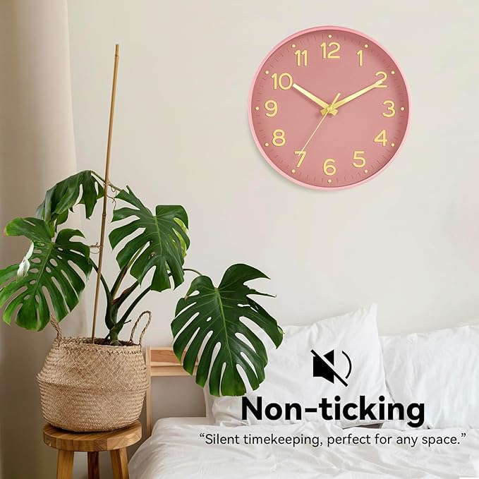Silent Wall Clocks Battery Operated 8 Inch-Modern Non Ticking Analog Clock Decorative for Kitchen Office Bathroom Bedroom(Pink Gold)