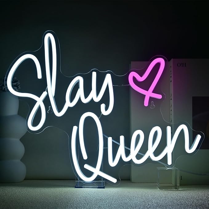 Slay Queen Neon Sign White Pink LED Neon Light Up Signs for Wall Decor Usb Neon Light for Bedroom Preppy Girl Aesthetic Room Dorm Decor Y2k Party Gifts