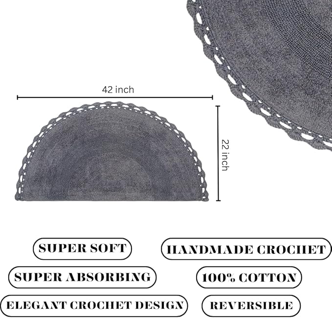 Half Circle Bohemian Bathroom Rug with Handwoven Chrochet Border, Beautifully Handcrafted 100% Cotton Mat - 22x42", Round Boho Bedroom Rug, Boho Bathroom Décor, Machine Washable - Charcoal Grey
