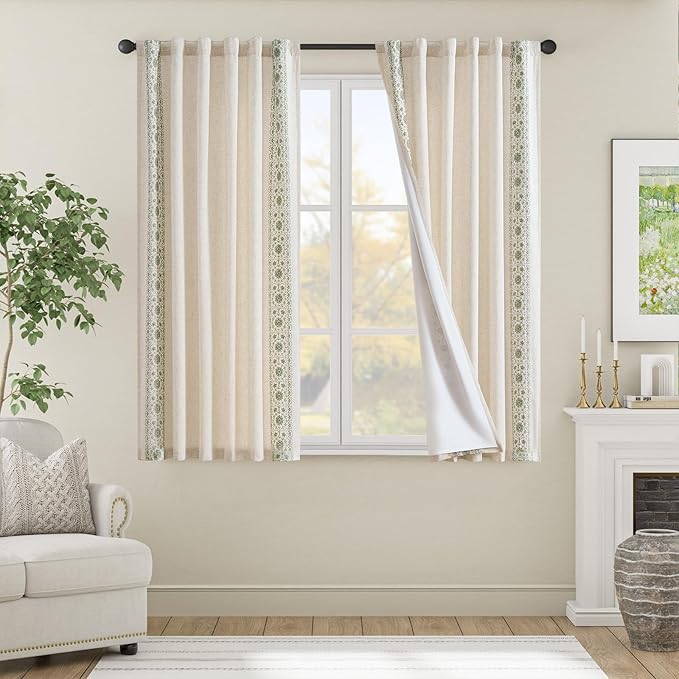 jinchan Boho Lined Linen Curtains for Bedroom Sage Green Vintage Floral Farmhouse Curtains 63 Inch Length Linen Blend Drapes for Living Room Embroidered Drapes Sage on Beige 2 Panels