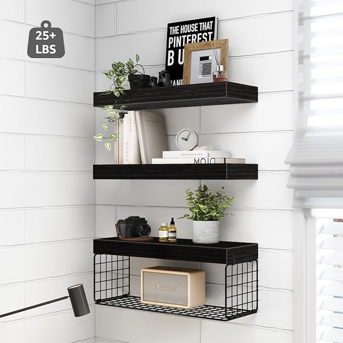 QEEIG Black Bathroom Shelves Over Toilet Wall Mounted Floating Shelves Farmhouse Shelf Toilet Paper Storage Small 16 inch Set of 3 (019-B3)