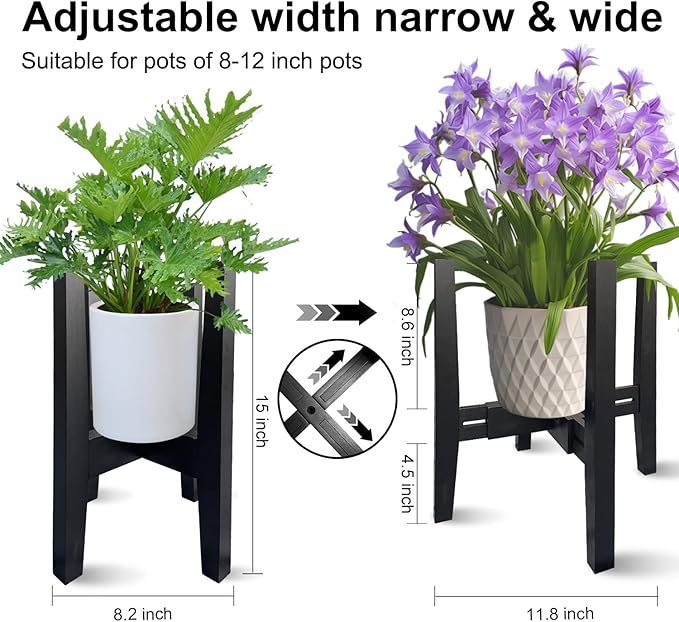 Adjustable Plant Stand Indoor Bamboo Mid Century Modern Plants Stand Corner Plants Flower Holders Single Floor Plant Stands- 8.2-11.8 in (Pot & Plant Not Included) (Black, (8.2-11.8in))