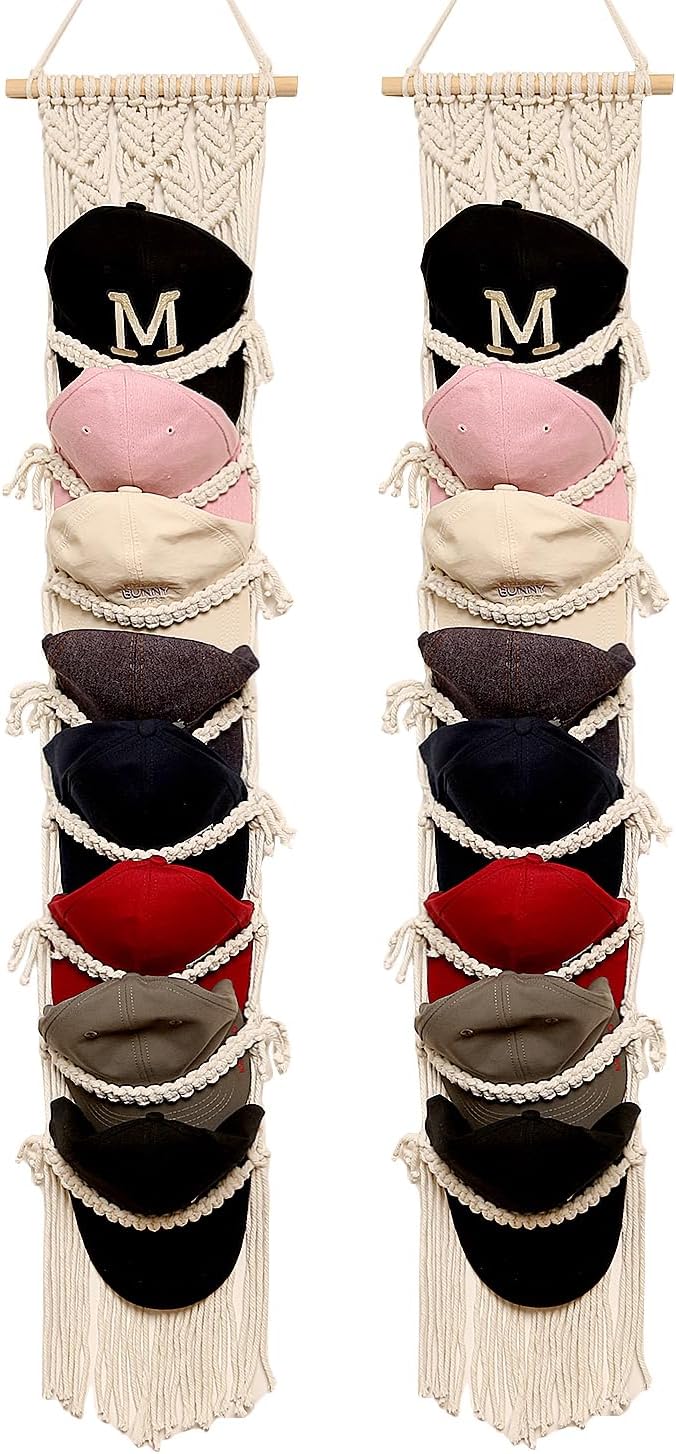 Boho Ball Cap Hanger-2 Pack-Boho Macrame Cap Holder Wall Hat Organizer for Baseball Cap Holder Over Door, Hat Rack for Wall Cap Rack Disaplay Bearoom Decorations